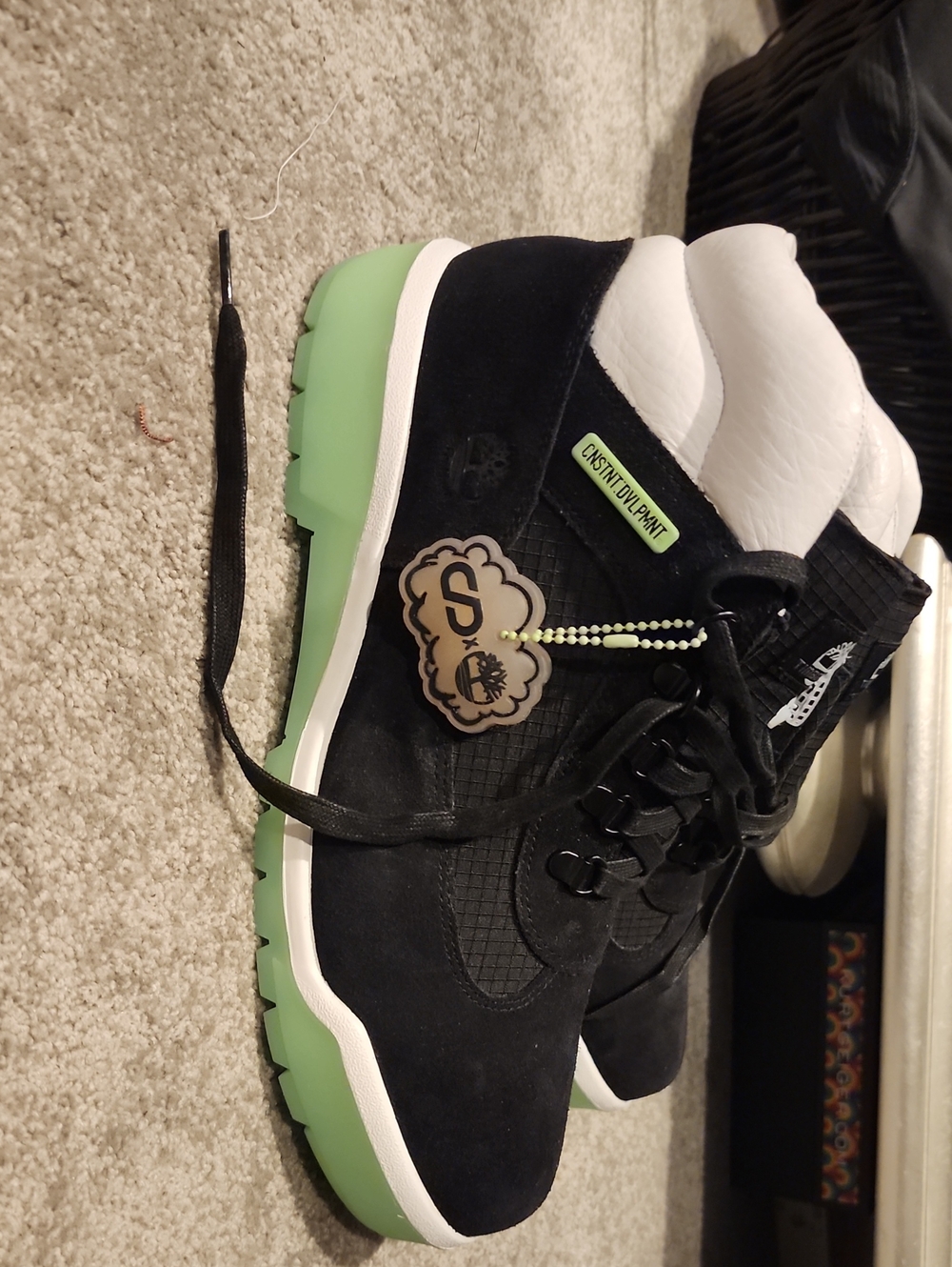 Black and White High-Top TIMBERLANS Sneakers with Mint Green  Glow Sole